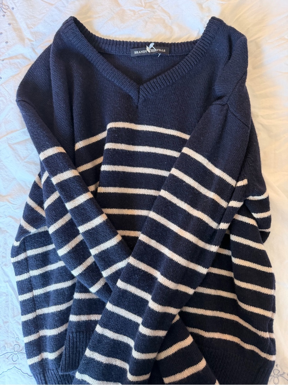 Brandy Melville Navy & Cream Striped V-Neck Pullover